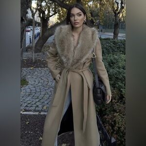 ZARA NEW WOMEN  FAUX FUR WOOL BLEND LAPEL COLLAR COAT